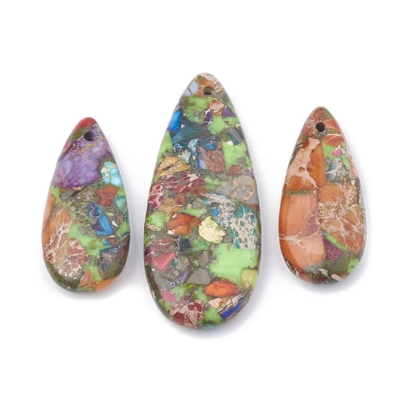10sets Regalite/Imperial Jasper/Sea Sediment Jasper Pendants with Iron teardrop Colorful 36~50x15~21x6~7mm Hole: 1mm 3pcs/set