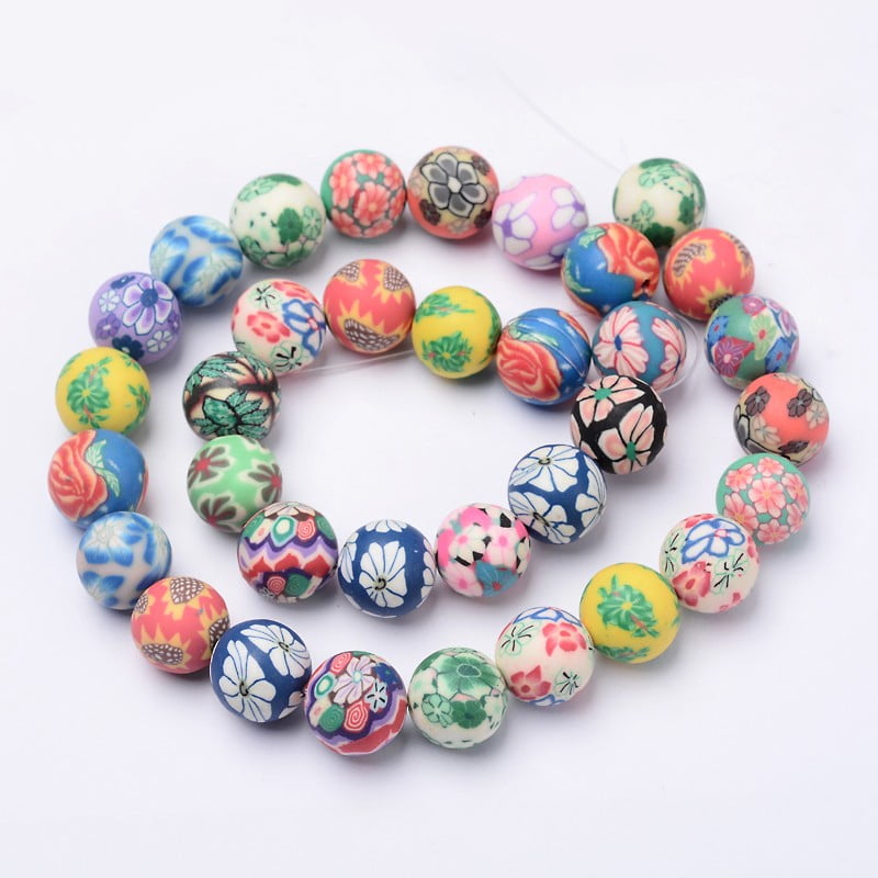 10strands Handmade Polymer Clay Beads Round with Floral Pattern Mixed color 12mm