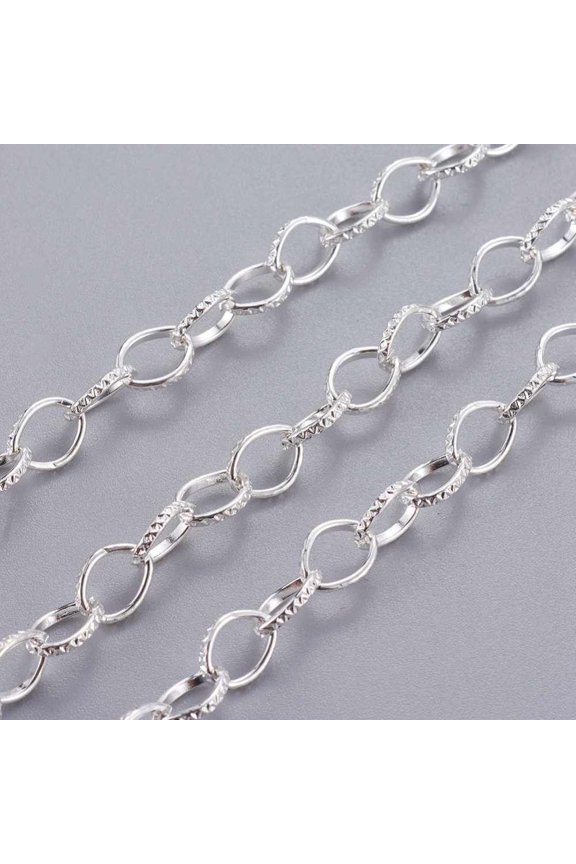 10strands Iron Cable Chains Textured Unwelded with Spool Flat Oval Silver color 8x6x1mm about 15cm/strand