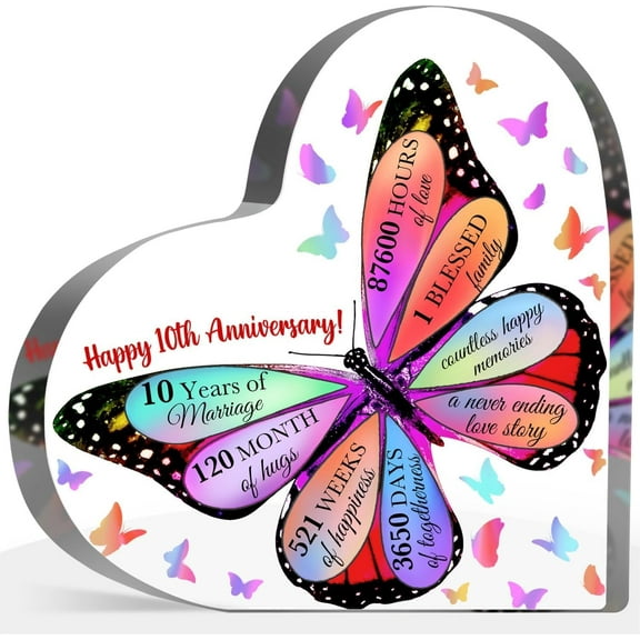 10th Anniversary Butterfly Acrylic Sign, 10 Year Anniversary Marriage Gifts for Women Men, 10 Year Anniversary Wedding Gifts for Couples, Happy Wedding Anniversary Decorations for Home,4x4 inch