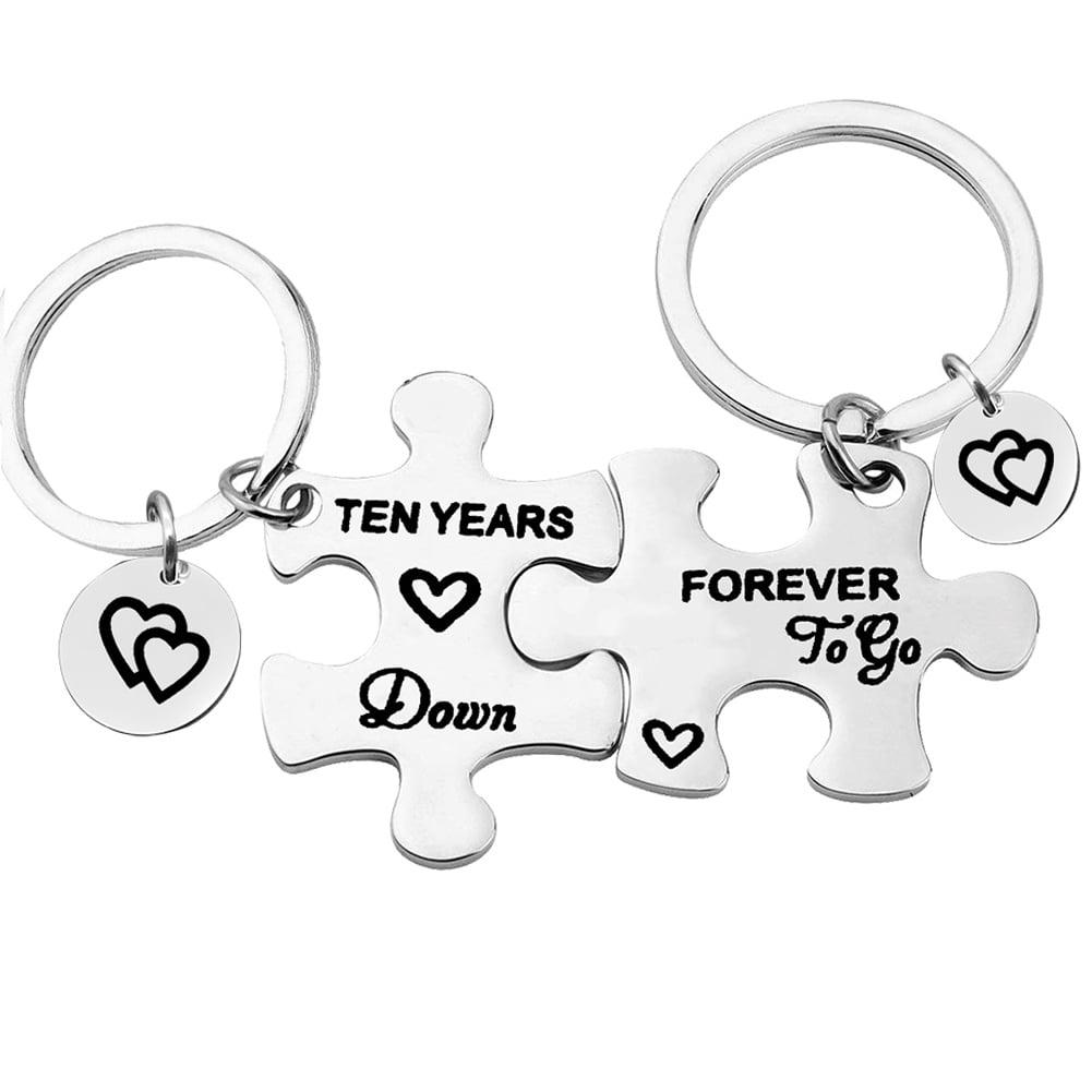 10th Anniversary Gift Puzzle Couples Keychain Set Ten Years Down