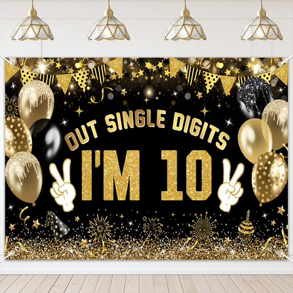 10th Birthday Backdrop for Boys Black and Gold Balloons 10th Birthday Photography Background Funny Double Digits 10 Years Old Birthday Party Decorations Banner Supplies Photo Booth Props