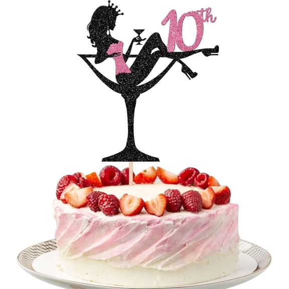 10th Birthday Cake Topper, Black Rose Gold Glitter Martini Glass Princess Silhouette Cake Pick for Little Girls 10th Birthday Party Decor, 1 Pack