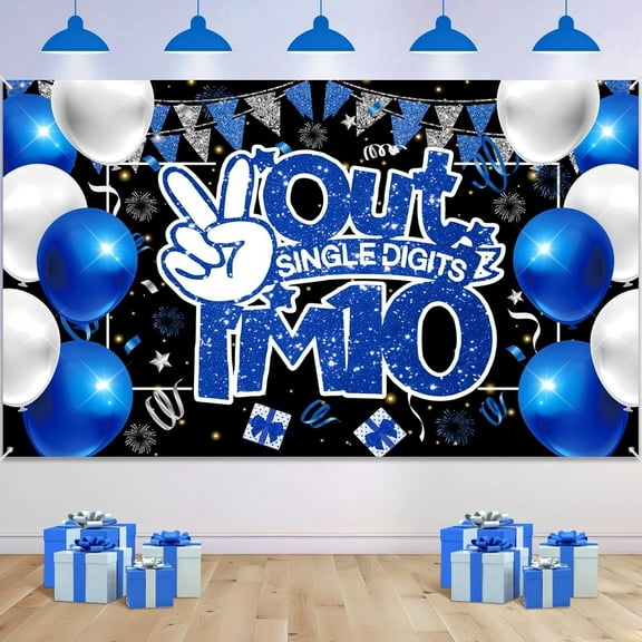 10th Birthday Decorations for Boys Blue Black Happy 10th Birthday Backdrop Banner Out Single Digits I'm 10 Banner for Double Digits Birthday Anniversary Party Supplies Indoor Outdoor Decor