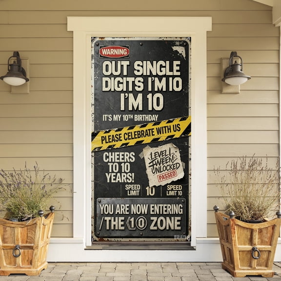 10th Birthday Decorations Boys Girls, Black Out Single Digits I'm 10 Banner Backdrop Caution Logo Themed 10 Years Old Party Yard Door Wall Cover Background