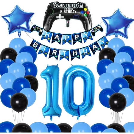 10th Birthday Party Decorations, Video Game Party Supplies, Party Balloons Include Banner, Number 10 Foil Balloon, Controller and Star Balloons