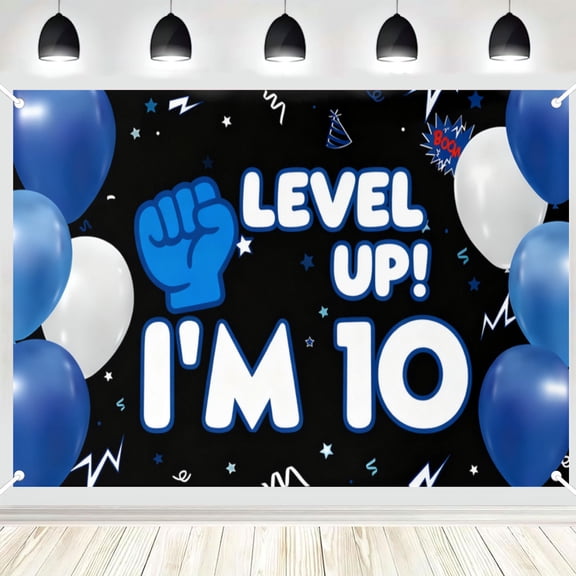 10th Birthday Polyester Backdrop, Black Blue Gaming Style Party Photo Booth Background Banner for Indoor Use 4x6ft