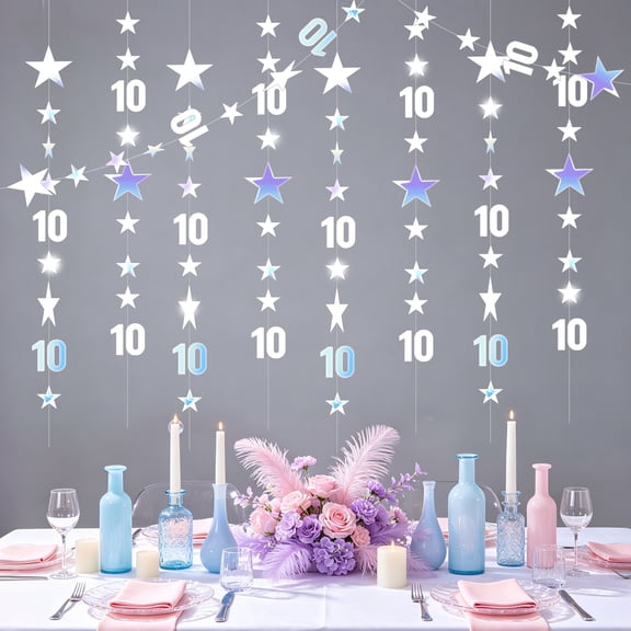 10th Birthday Star Curtain Decorations - Sparkling Rain Curtain with Hanging Stars & Number 10 for Party Decor, 3 Pack