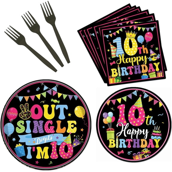 10th Birthday Tableware Decorations, 96PCS Out Single Digits Party Plates and Napkins Set, Colorful I'm 10 Disposable Dinnerware Supplies Serves 24