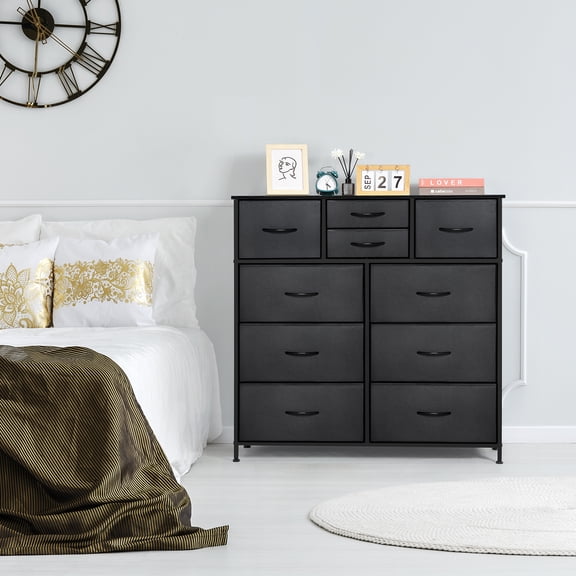 10th Layer Dresser, Fabric Storage Tower, Bedroom, Hallway, Entrance, Wardrobe, High Chest Storage Unit with Fabric Box Wooden Top, Dark Grey