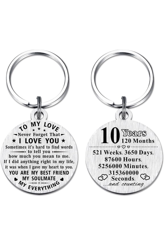 10th Wedding Anniversary Keychain Gifts, Steel Engraved 10 Year Anniversary Decorations, Happy Ten Year Anniversary for Men Husband Women Wife