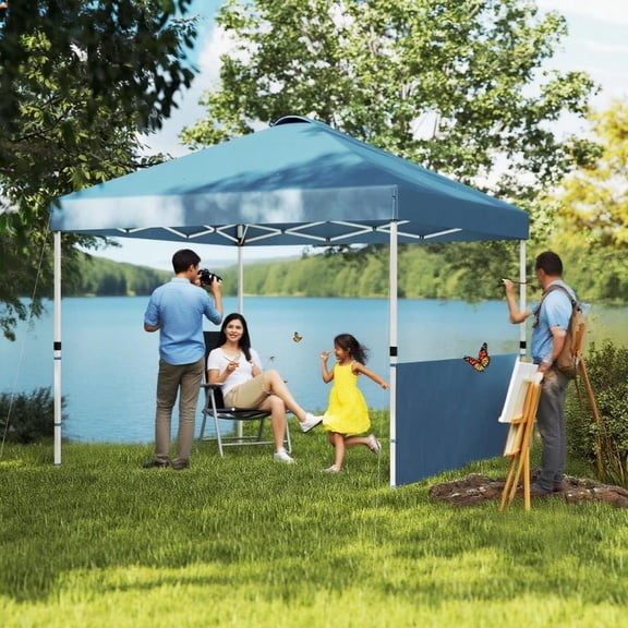 10x 10 ft party tent Pop Up Canopy Tent with 2 Half Sidewalls with Wheeled Carry Bag, Blue