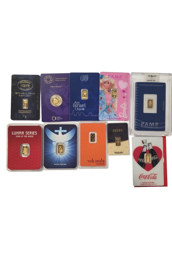 10x 1g Gold Bars Random Mint Assorted Collection .9999 Fine Gold in Assay
