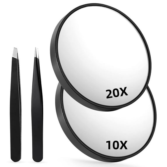 10x 20x Magnifying Mirror, Makeup Mirror 3.5 Inch Magnifying Mirror with Tweezers Kit Portable Mini Travel Magnifying Mirror with Suction Cup Design for Women Men (Black)