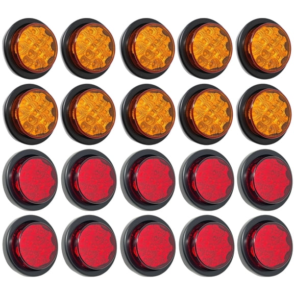 10x Amber + 10x Red 2.5"/2 1/2" Round LED Clearance Side Marker Lights Kit 13 LED Diodes w/Reflectors Grommet 2 Prong Wire Pigtail Truck Utility Trailer RV Tractor Flush Mount Waterproof 12V Sealed
