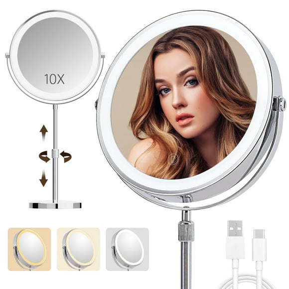 BALUXCA 9"Large Lighted Makeup Mirror,3000 mAh Rechargeable,1x/10x Magnifying LED Vanity Mirror,3 Color, 360° Rotation Double Sided,Height Adjustable