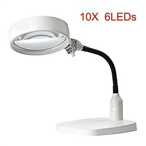 10x Magnifier Glass with LED Light Desktop Reading Aid Elderly Hobby 360 Rotating Stand Hands Free Optical Lens for Books Antiques Observation