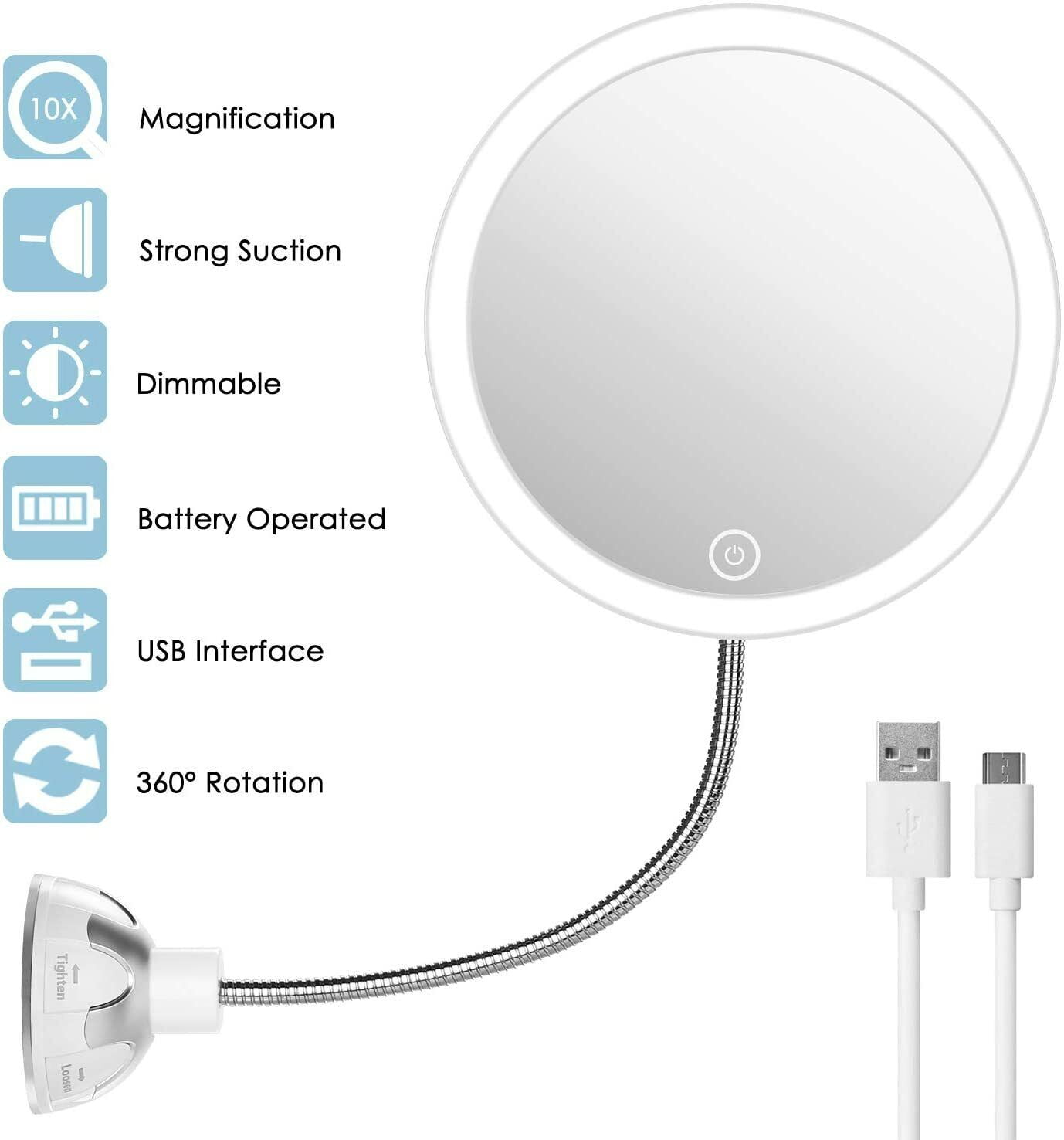 10x Magnifying LED Lighted Makeup Mirror Gooseneck USB Tabletop