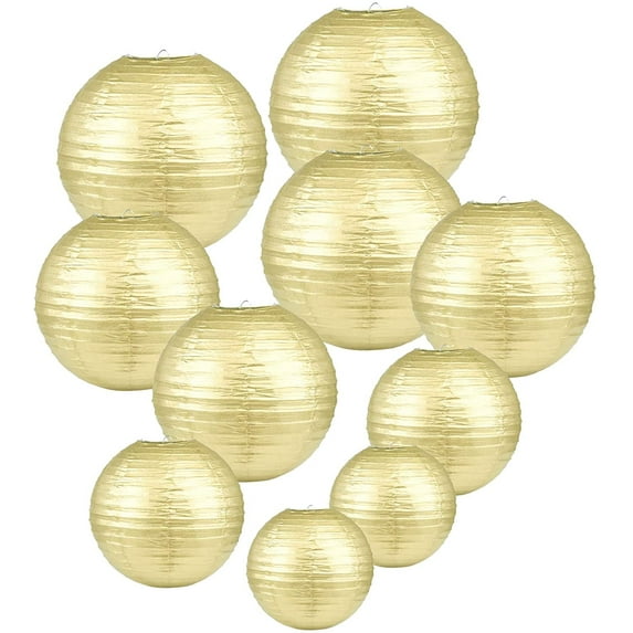 10x Mixed Size Gold Paper Lanterns for Weddings, Birthdays, Parties and Events