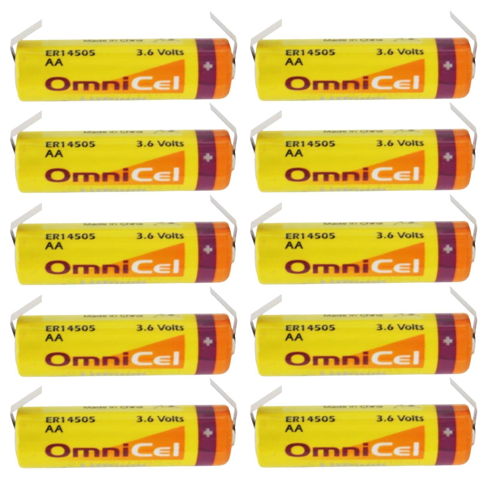 10x OmniCel ER14505 3.6V 2.4Ah Sz AA Lithium Battery Tabs Sensors Detectors