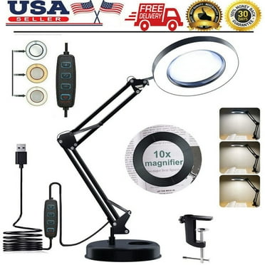 10x Real Glass Magnifying Glass with Light and Stand - Magnifier Stepless Dimmable 3 Color Modes - Table Top Stand with Lamps - Desks Magnify Glass with Light - Fold Magnify Glass Table Lamps