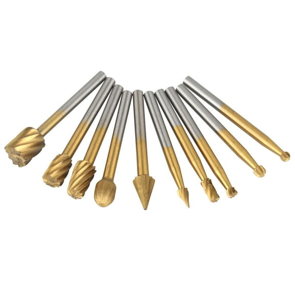 10x Tungsten Carbide Burr Bits Set Cutting Carving Routing Bur For Dremel Rotary Gold