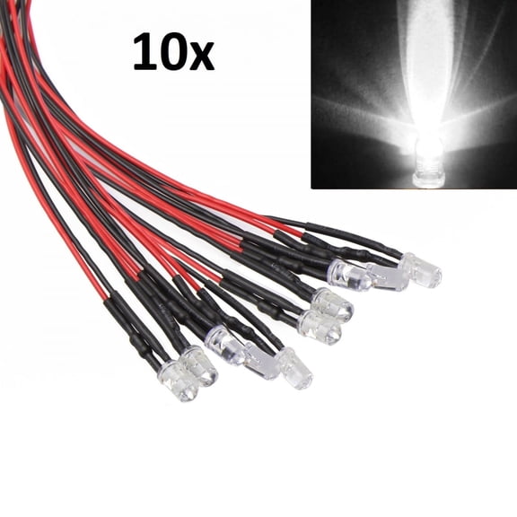 10x White LED Light Single Bulb Pre-Wired Light 5-12V 5mm Bright Round Top Clear