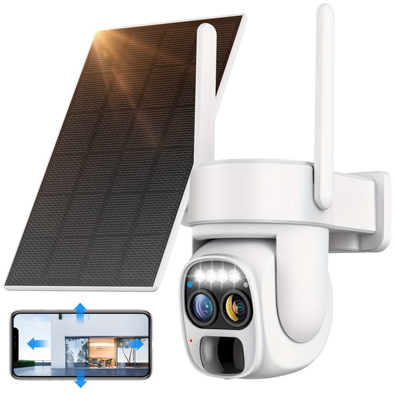 [10x Zoom] 360-degree Low-power Cctv Solar Panel Battery 2K FHD WiFi Camrea With Spotlight Alarm, Motion Detection, Color Night Vision, Two-way Audio And