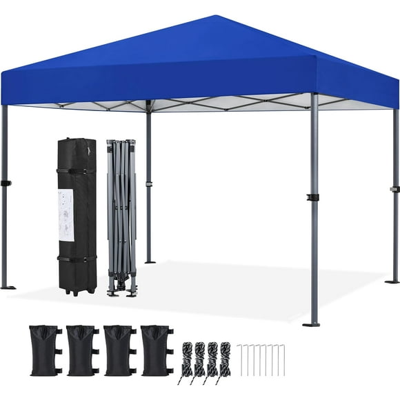 10x10 1-Person Setup Pop Up Canopy Tent, Instant Portable Commercial Canopy Tent, Outdoor Gazebo with 1-Button Push, Wheeled Bag & 4 Sandbags for Home, Party & Outdoor Activities, Blue