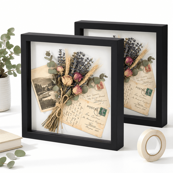 10x10 Black Shadow Box Frame 2 Pack Deep Display Case for Memorabilia Photos