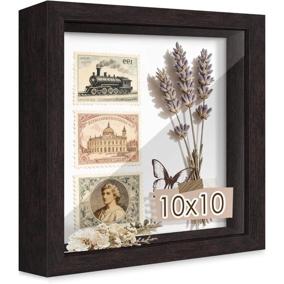 10x10 Brown Wooden Shadow Box Frame, 1.2" Deep, Tempered Glass | Black Backboard, Tabletop & Vertical/Horizontal Wall Display, Memorabilia Display, Wedding/Baby Keepsakes & Crafts