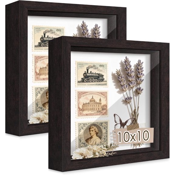 10x10 Brown Wooden Shadow Box Frame, Tempered Glass, 2 Pack | Black Backboard, Tabletop & Vertical/Horizontal Wall Display, Memorabilia Display, Wedding/Baby Keepsakes & Crafts
