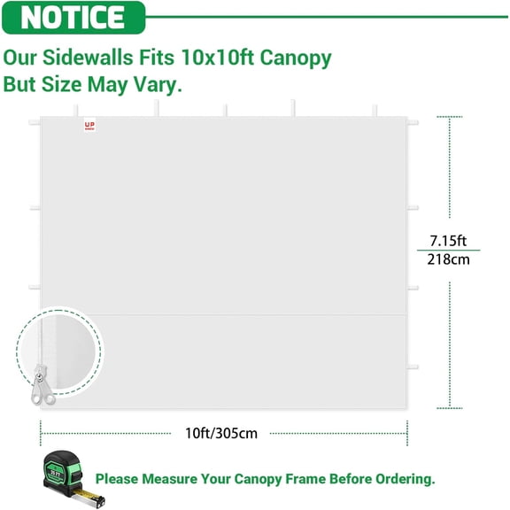 10x10 Canopy Sidewall, 210D Polyester Waterproof, White (1PC Only, Tent Not Included)