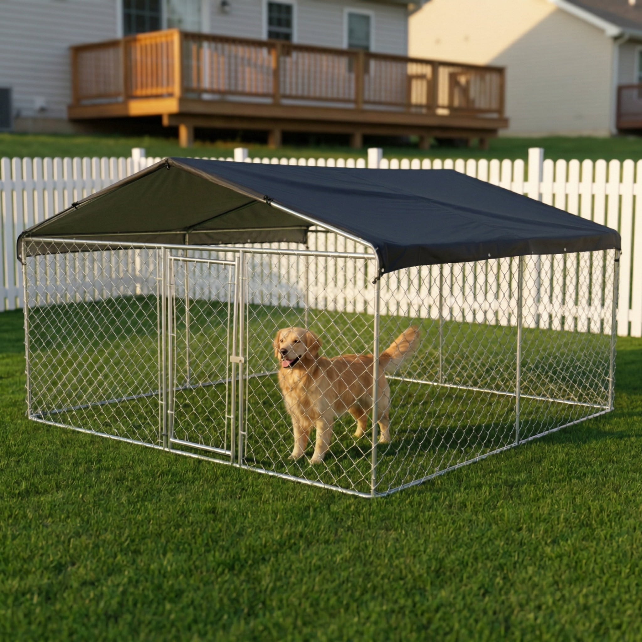10x10 Chain Link Dog Kennel, Galvanized Steel Outdoor Playpen with A-Frame Sunshade Cover for Large Dogs