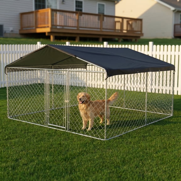 10x10 Chain Link Dog Kennel, Galvanized Steel Outdoor Playpen with A-Frame Sunshade Cover for Large Dogs