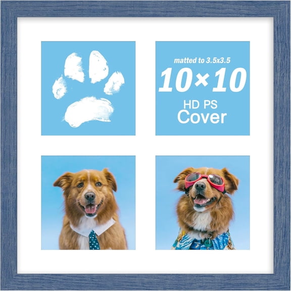 10x10 Collage Photo Frame, Displays 4 Photos in 4x4 Size, Wooden Multi-Opening Frame with PS Panel for Home & Office Display - Blue