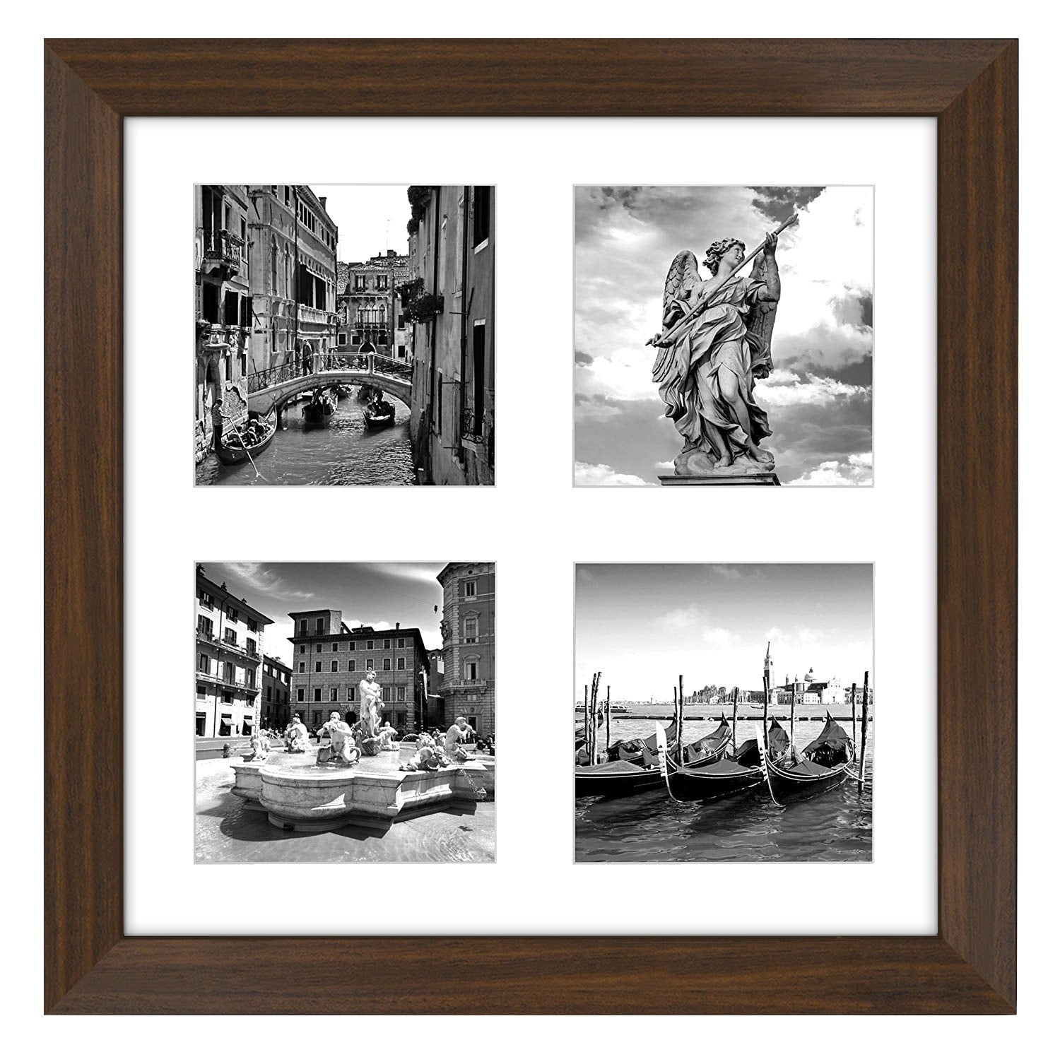 10x10 Collage Picture Frame in Walnut With Four 4x4 Inch Openings - Composite Wood with Shatter Resistant Glass - Horizontal and Vertical Formats for Wall