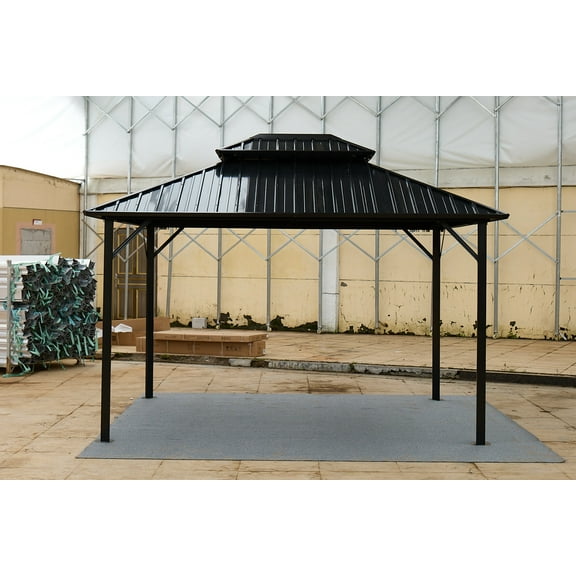 10x10 Double-Roof Steel Tile Gazebo with Galvanized Steel Roof & Aluminum Frame All-Weather Outdoor Pavilion for Year-Round Use, Drainage Trench, Mesh Ventilation, Rust-Resistant