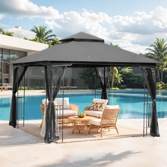 10x10 FT Canopy Tent with Double Vented Top - Steel Gazebo Structure, Privacy Netting & Detachable Shelves, Perfect for Patio, Backyard & Outdoor Events, Grey