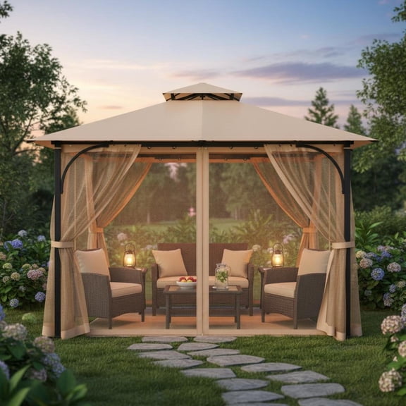 10x10 FT Gazebo Netting Replacement, 4-Panel Mesh Sidewall with Double Zipper, Universal Patio Canopy Screen Curtain, Outdoor Bug Midge Netting Only for 7 FT Height Gazebo, Khaki