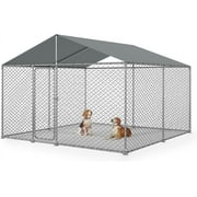 YOKWOK 10x10ft Outdoor Dog Kennel Outside with Metal Large Dog Gate, Outdoor Dog Pens with Roof, Heavy Duty Dog Kennel for Backyard Farm Use