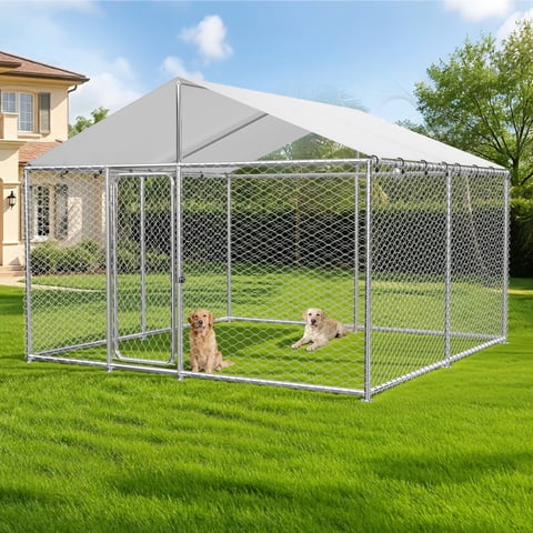 YOKWOK 10x10ft Outdoor Dog Kennel Outside with Metal Large Dog Gate, Outdoor Dog Pens with Roof, Heavy Duty Dog Kennel for Backyard Farm Use