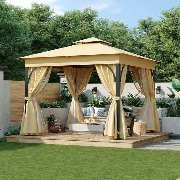 10x10 FT Outdoor Gazebo Tent with Double Roofs, Patio Gazebo with Mosquito Netting and Privacy Screens, Patio Canopy for Shade and Rain for Backyard, Garden, Lawn and Deck, Beige