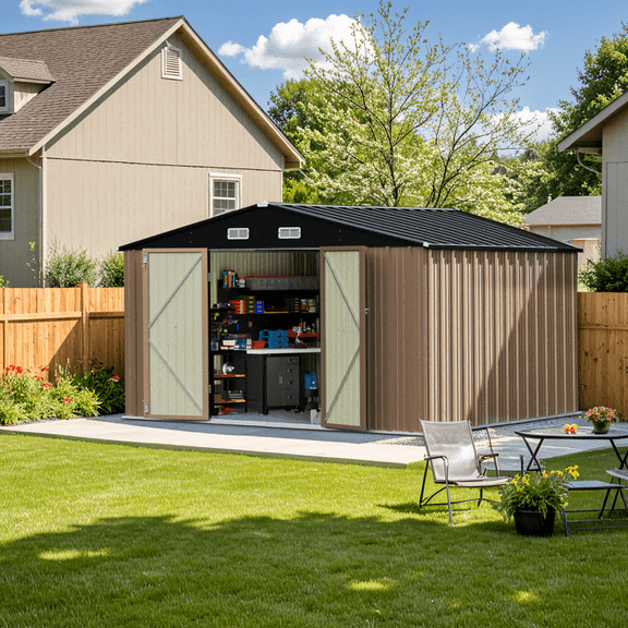 10x10 FT Outdoor Storage Shed, Metal Utility Shed | Lockable garden shed, reinforced sidewall girts, upgraded frame, all-weather backyard storage