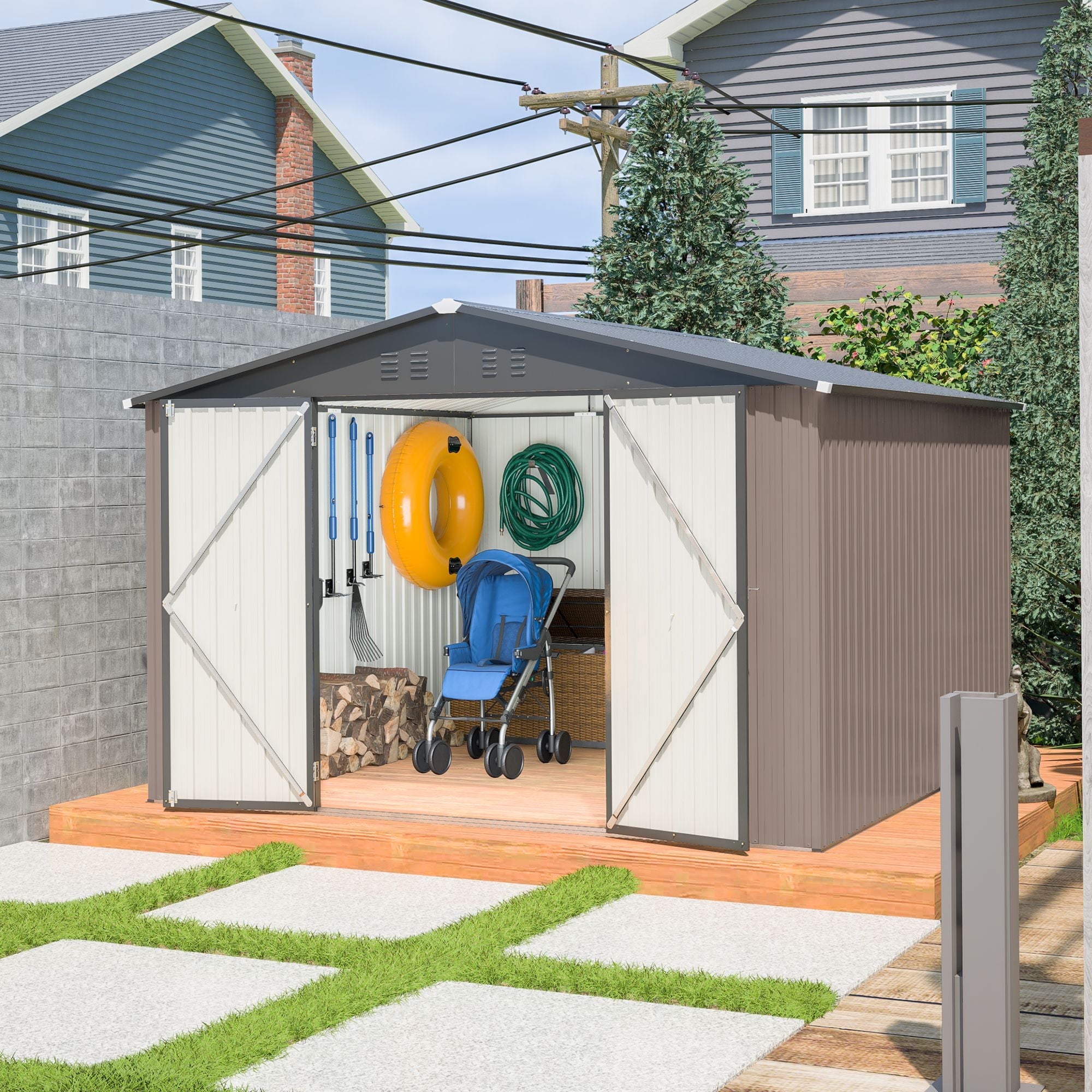 10x10 FT Outdoor Storage Shed, Large Steel Metal Garden Shed with Lockable Door, Storage Tool House for Bike Storage, Tool Storage, Temporary Storage, Backyard, Garden, Patio, Lawn