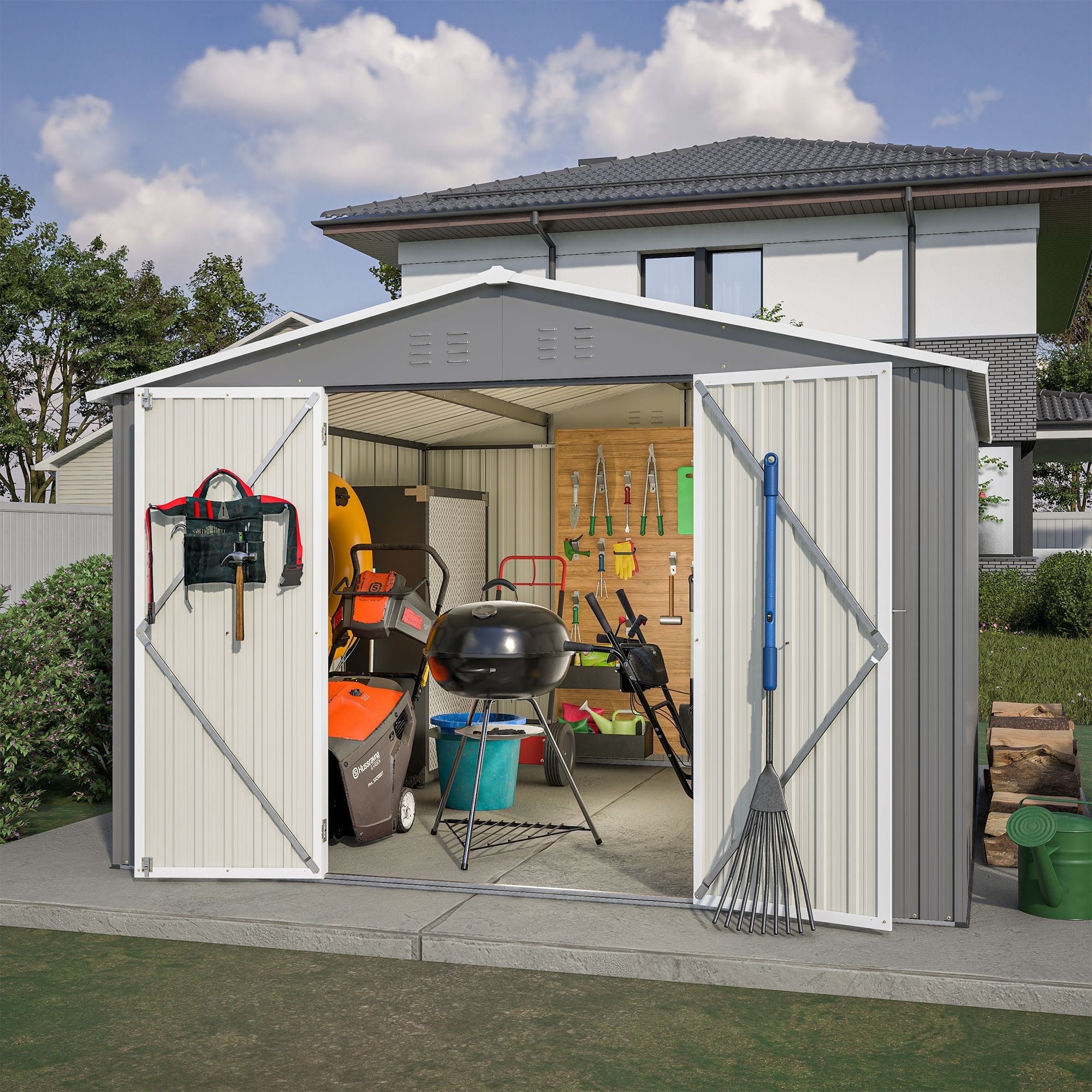 10x10 FT Outdoor Storage Shed, Large Steel Metal Garden Shed with Lockable Door, Storage Tool House for Bike Storage, Tool Storage, Temporary Storage, Backyard, Garden, Patio, Lawn