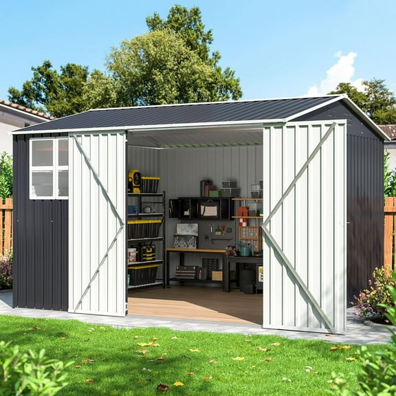 10x10 FT Outdoor Storage Shed, Metal Garden Tool Shed with Updated Frame Structure, Lockable Doors and Windows, Ideal for Backyard Garden Patio Lawn