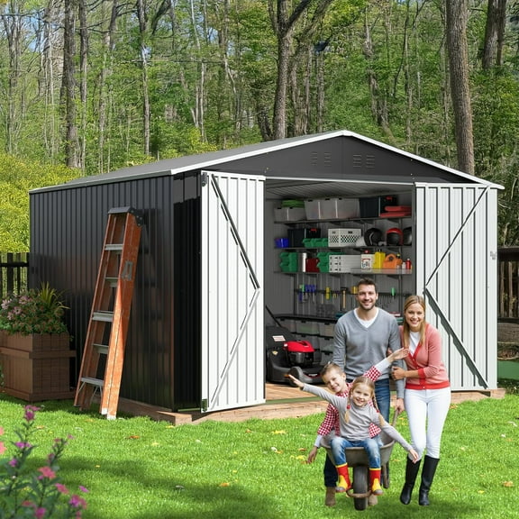 10x10 FT Outdoor Storage Shed, Spacious Metal Tool Shed with Lockable Doors & Ventilation for Patio, Lawn, and Backyard, for Storing Garden Equipment, Lawnmowers, and Bicycles, Black