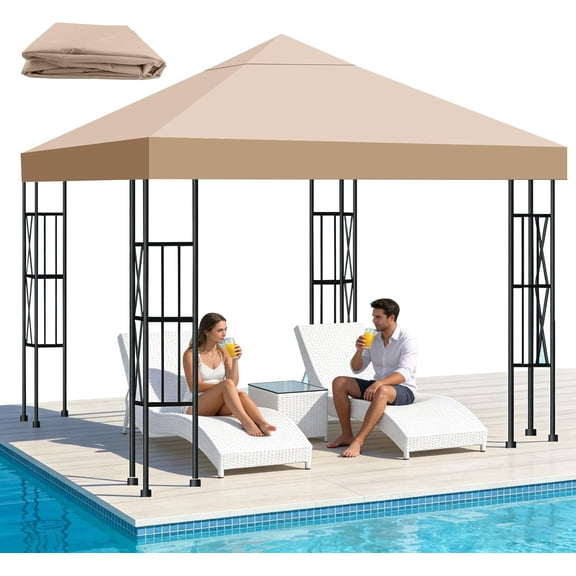 10x10 FT Replacement Top Canopy Replacement Top Gazebo Cover Single Tier Sun Shade Canopy Cover for Shop, Yard, Outdoors Commercial Use Gazebo Canopy Top Replacement (Khaki)