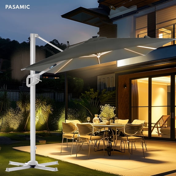 10x10 FT Solar Cantilever Umbrella LED Offset Umbrella with 15 Strip Lights and Center light, 360°Rotation & Cross Base, Grey